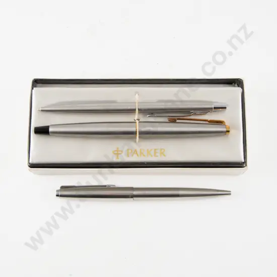 Boxed Parker 45 Fountain Pen in Stainless Steel Case with Two Ballpoint Pens