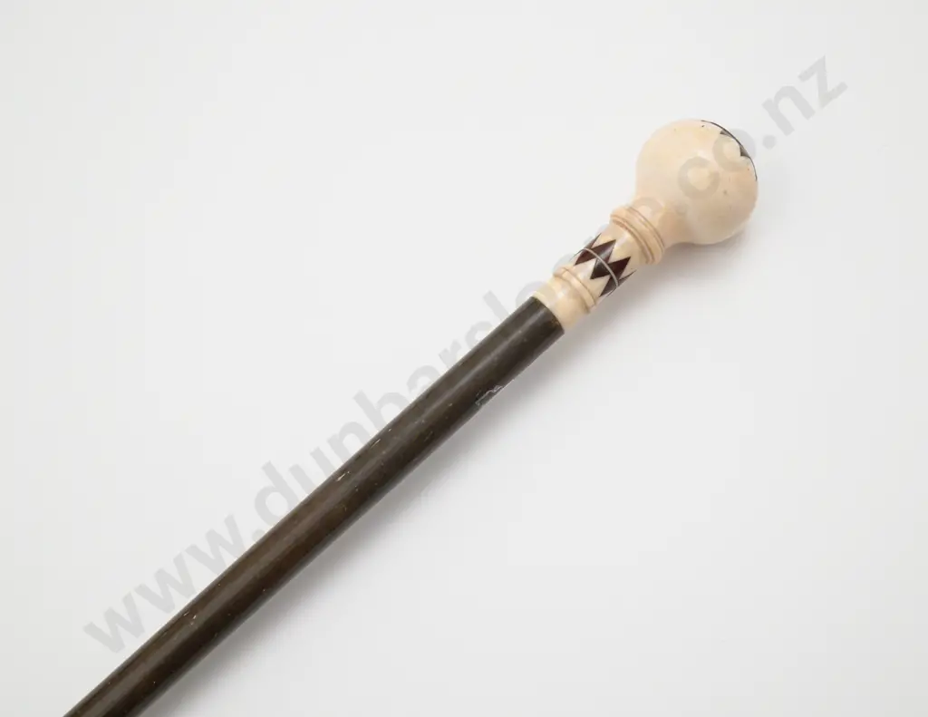 Victorian Stained Whale Bone Weighted Ivory Inlaid Knop Finial Walking Stick Image 1++