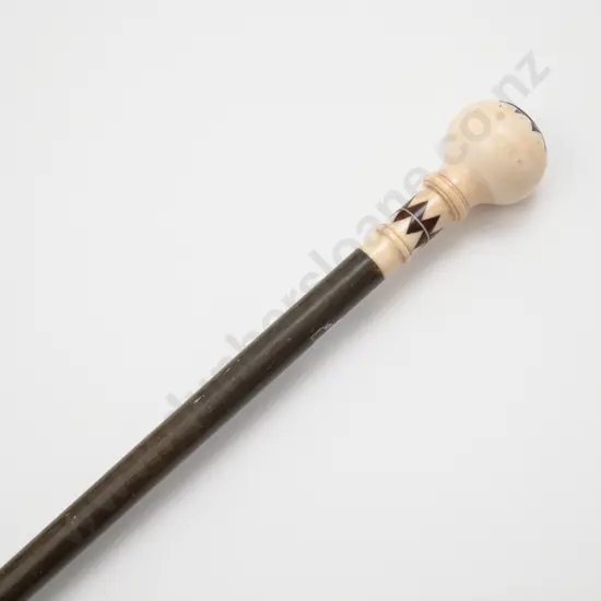 Victorian Stained Whale Bone Weighted Ivory Inlaid Knop Finial Walking Stick