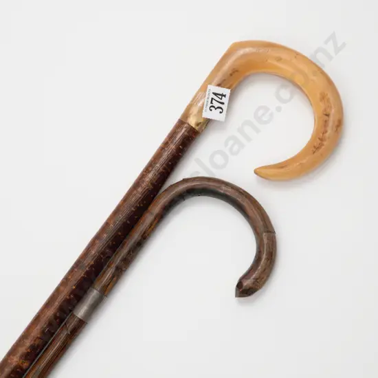 Early C20th Gents Horn Handled Hazel Wood Shaft Walking Stick and Other Bamboo