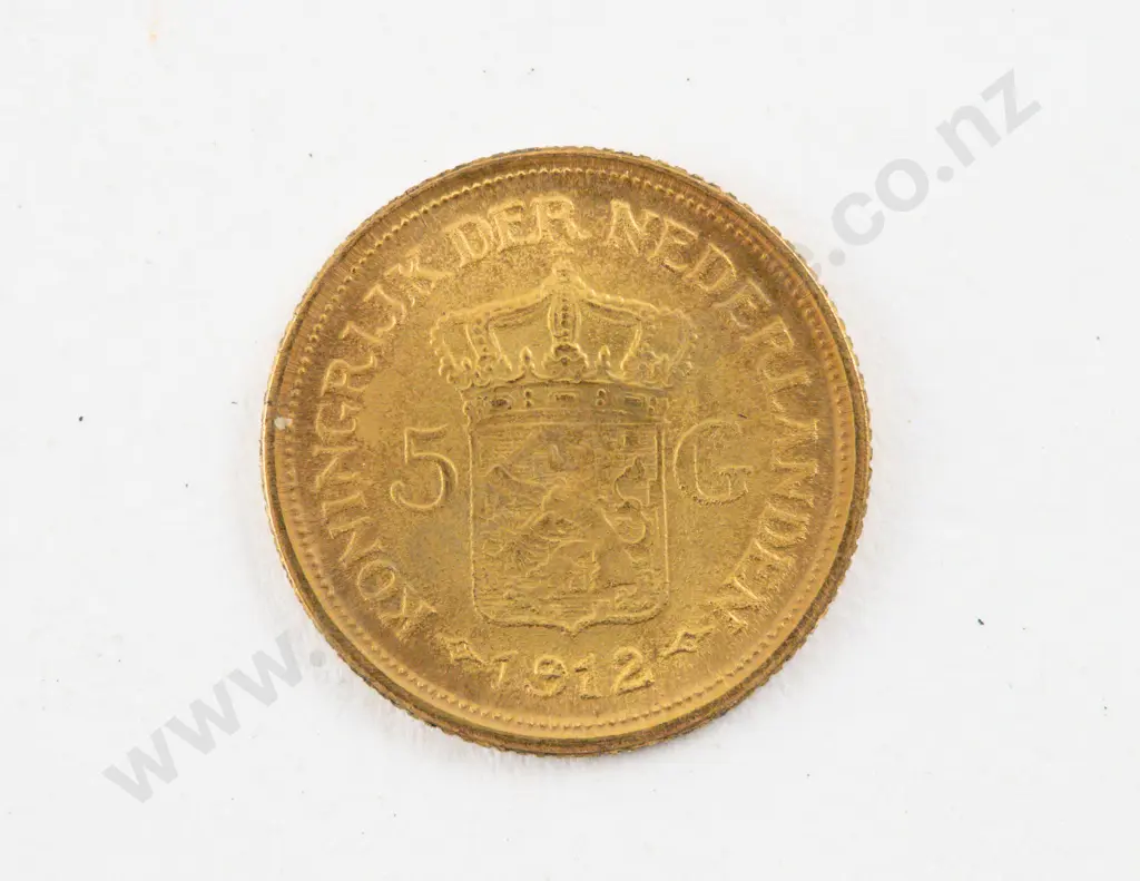 1912 Netherlands 1912 Five Gulden Wilhelmina Gold Coin Image 1++