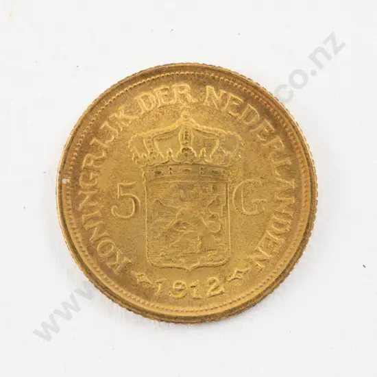 1912 Netherlands 1912 Five Gulden Wilhelmina Gold Coin