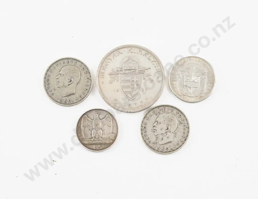 1938 Hungary Miklós Horthy Silver 5 Pengő with Four Various SIlver World Coins Image 1++