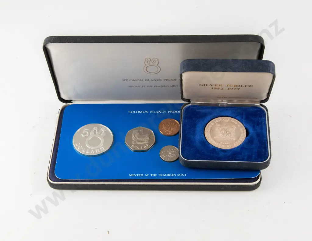 1977 Franklin Mint Solomon Islands First National Coinage 7 Coin Proof Set ($5 Silver) & 1977 Fiji Silver $10 Image 1++