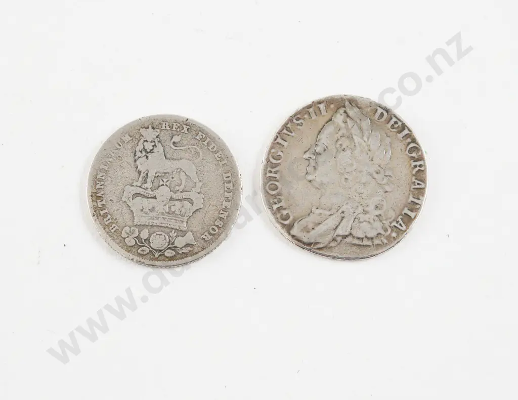 UK GeoII 1758 Silver Shilling and GeoIV 1826 Shilling Image 1++