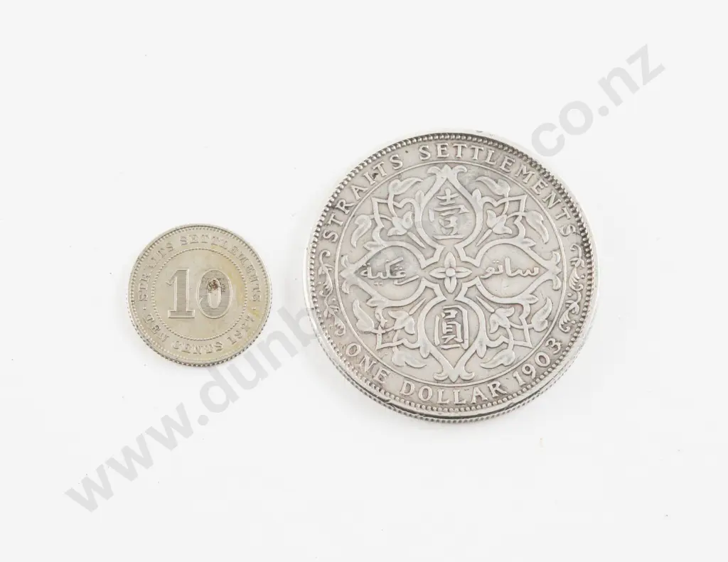 EdwVII 1903 Straits Settlement Malaysia Silver One Dollar with 1927 10 cents Image 1++
