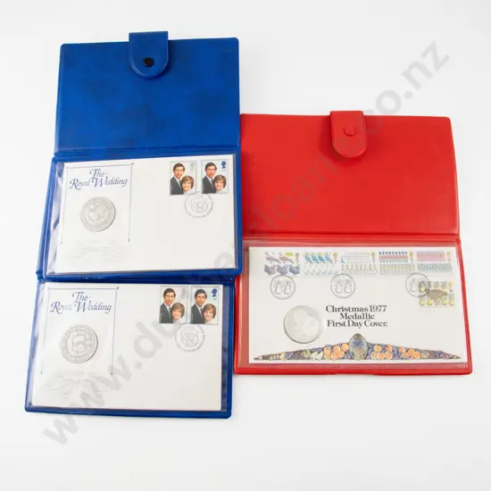 UK 1981 Royal Wedding Silver Proof Medallic FDC in Folder x2 and 1977 Christmas Cover