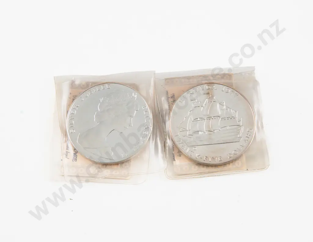 1977 Bermuda QEII Silver Jubilee Silver 25dollars Unc x2 Image 1++