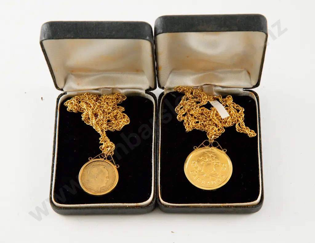 1973 Barbados Silver Gilt One Dollar and 1976 Monaco 20 Centimes both in Silver Pendant Frames Image 1++