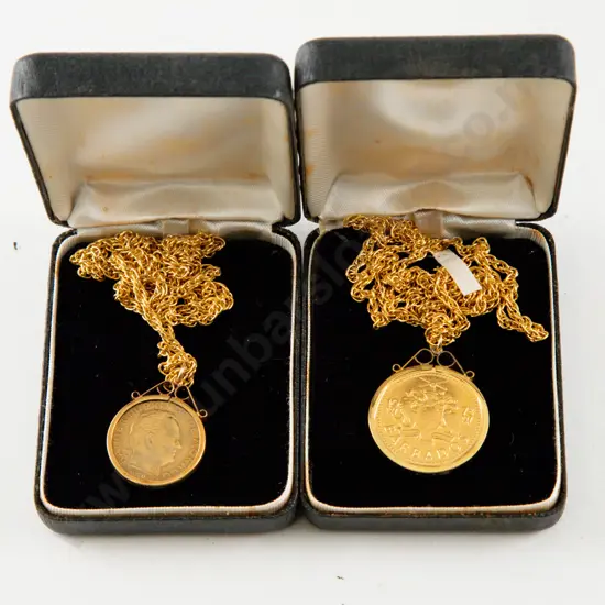 1973 Barbados Silver Gilt One Dollar and 1976 Monaco 20 Centimes both in Silver Pendant Frames