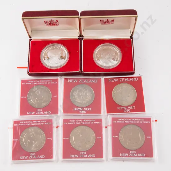NZ Two 1983 Proof Silver Dollars Royal Visit with Four Unc $1 and 1986 Royal Visit Unc $1 x2