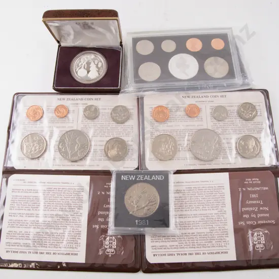 NZ 1981 Proof Silver Dollars Royal Visit with 7pce Unc Coin Set & Two Issue Sets and Unc $1