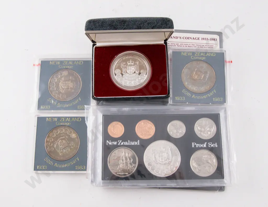 NZ 1983 Proof Silver Dollar 50th Anniversary of Coinage with 7pce Coin Set and Unc $1 x3 Image 1++