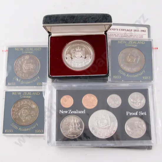 NZ 1983 Proof Silver Dollar 50th Anniversary of Coinage with 7pce Coin Set and Unc $1 x3