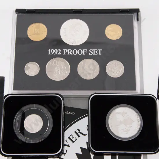 NZ 1992 Proof Silver Seven Coin Set 25Years with Piedfort Silver Dollar & 1991 Rugby Silver $5 (cases af)