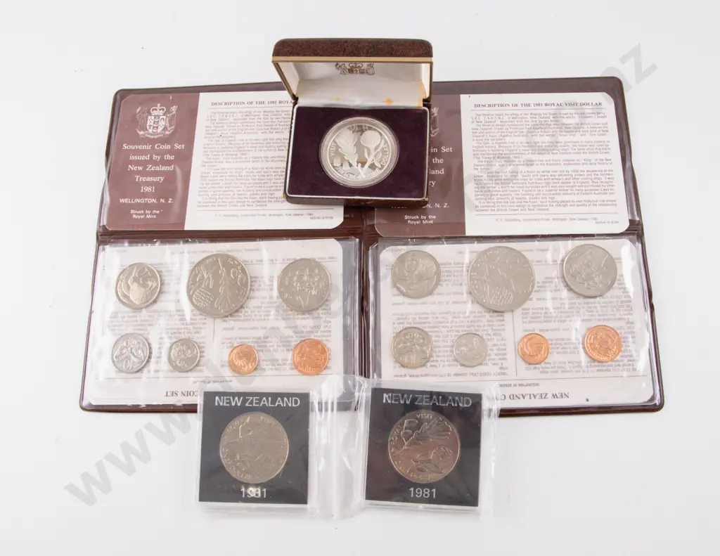 NZ 1981 Proof Silver Dollars Royal Visit with Two 7pce Unc Issue Sets and Unc $1 x2 Image 1++