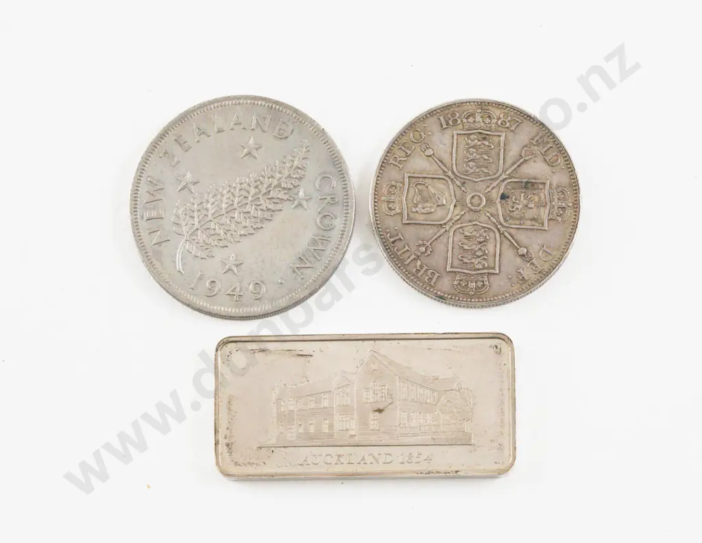 UK 1887 Queen Victoria Jubilee Silver Crown - NZ 1949 Crown and Auckland 1854 Silver Bar 31gms Image 1++
