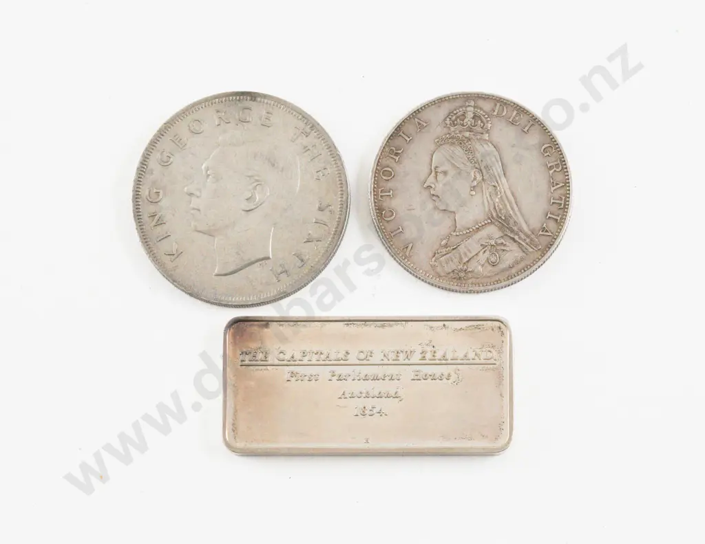 UK 1887 Queen Victoria Jubilee Silver Crown - NZ 1949 Crown and Auckland 1854 Silver Bar 31gms Image 1++