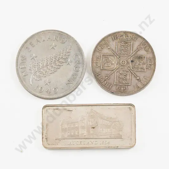 UK 1887 Queen Victoria Jubilee Silver Crown - NZ 1949 Crown and Auckland 1854 Silver Bar 31gms