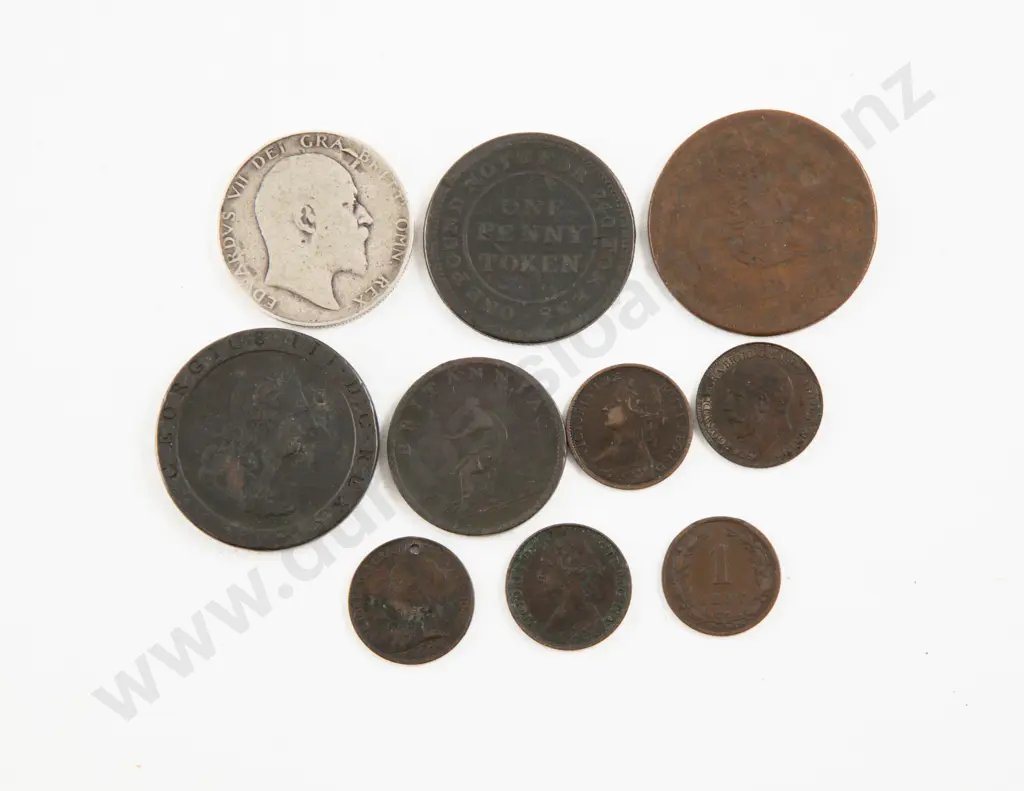 UK GeoIII 1797 Half Cartwheel Penny-1806 Half Penny-1813 One Penny Token-6 Copper Coins and 1906 Silver Crown Image 1++