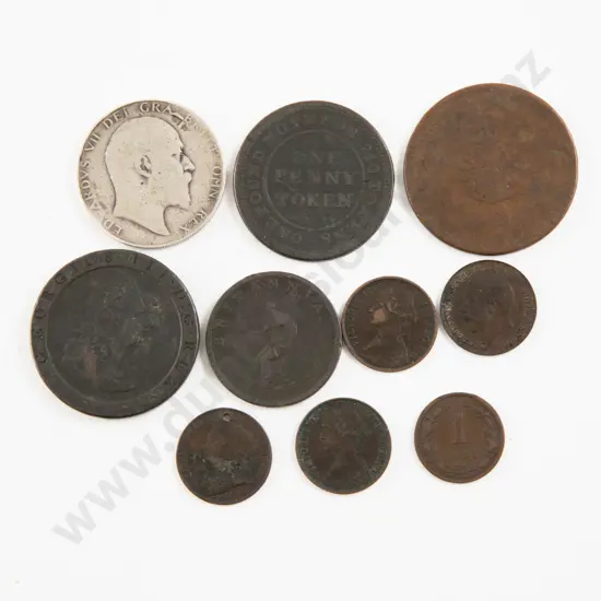 UK GeoIII 1797 Half Cartwheel Penny-1806 Half Penny-1813 One Penny Token-6 Copper Coins and 1906 Silver Crown