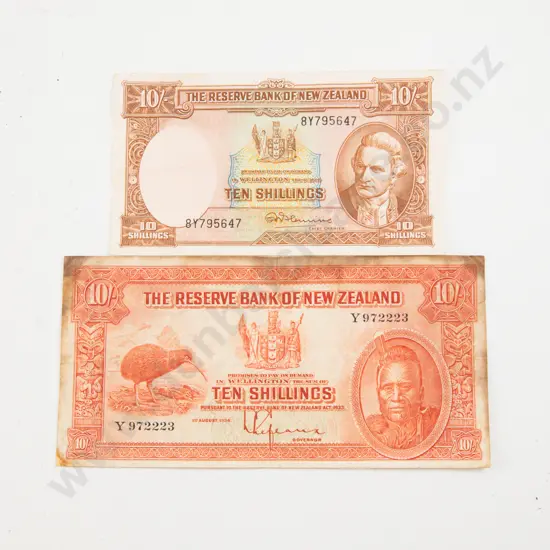 Two NZ Ten Shillings Bank Notes Signed Fleming and Lefeaux 1934
