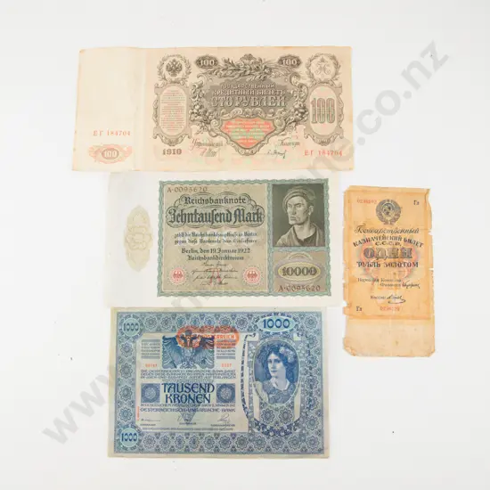 Three Large Banknotes 1910 Russia 100 Roubles German 1922 Reichsbanknote 10