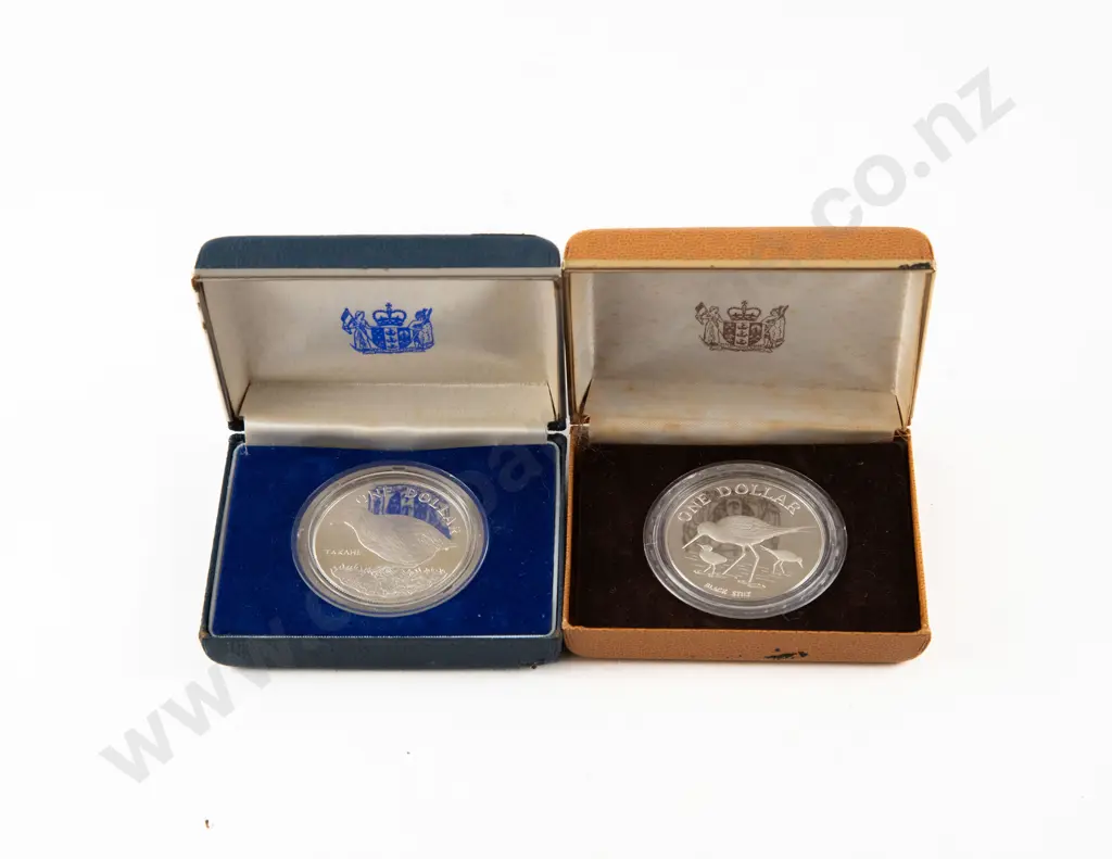 NZ 1982 Takahe Proof Silver $1 and 1985 Black Stilt Proof Silver $1 Image 1++
