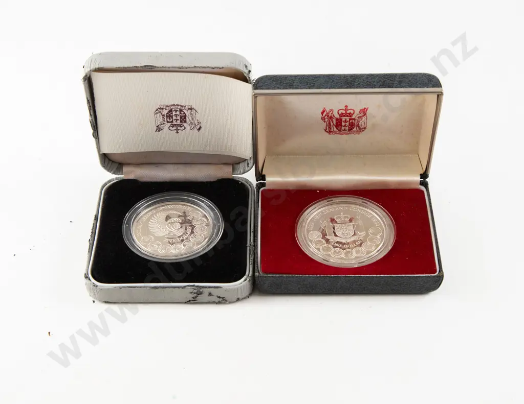 NZ 1983 50th Anniversary of Coinage Proof Silver $5 and $1 Coins Image 1++