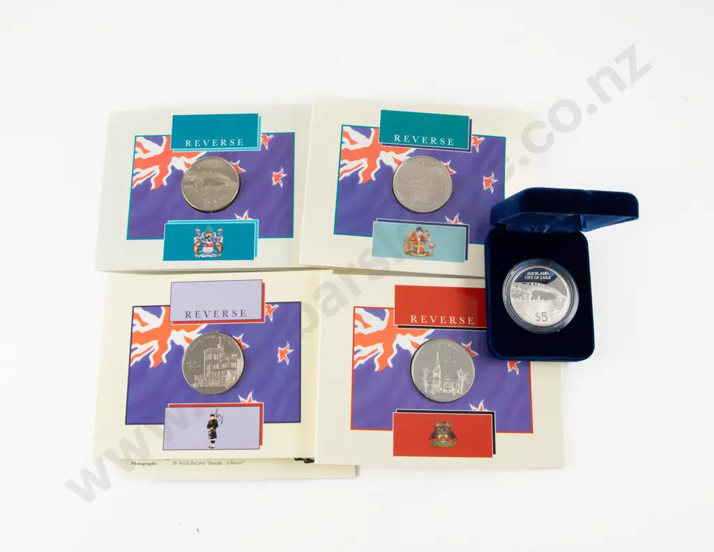 NZ 1996 Auckland $5 Silver Proof Coin Unc $5 with 1997 1998 1999 Unc $5 Image 1++
