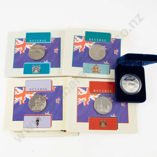 NZ 1996 Auckland $5 Silver Proof Coin Unc $5 with 1997 1998 1999 Unc $5