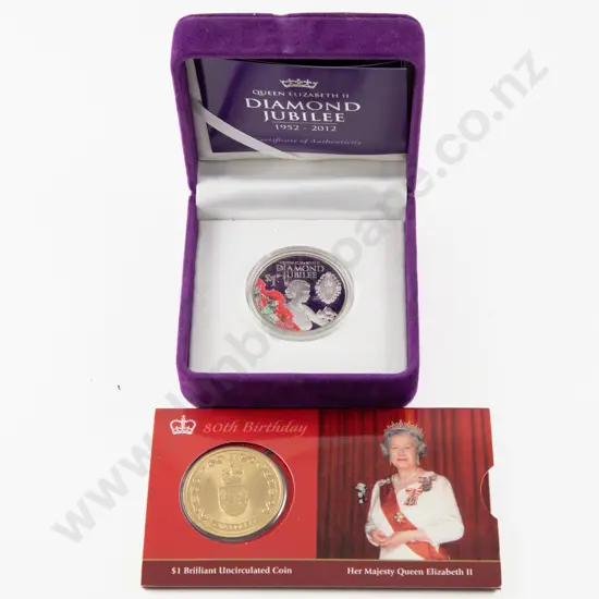 NZ 2012 QEII Diamond Jubilee Silver Proof $1 ans 80th Birthday Unc $1