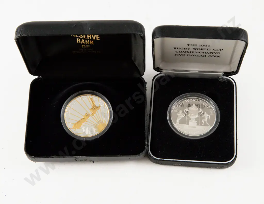 NZ 1991 Rugby World Cup Proof Silver $5 and 2000 Millennium $10 Image 1++