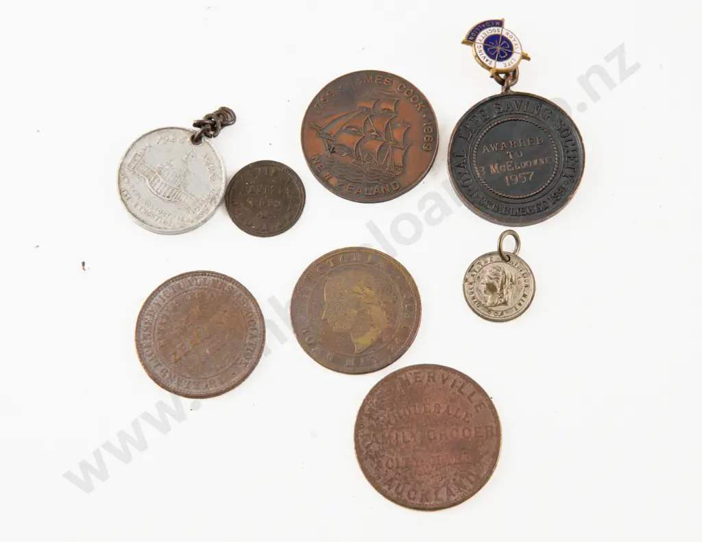 NZ Four Various Copper Tokens-1898 & 1926 Exhibition Medallions and Life Saving & Cook 1969 Image 1++