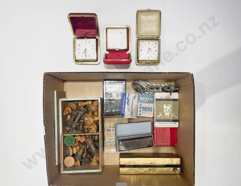 Box of Assorted Including Travel Clocks with Chess Set & Playing Cards Etc Image 1++