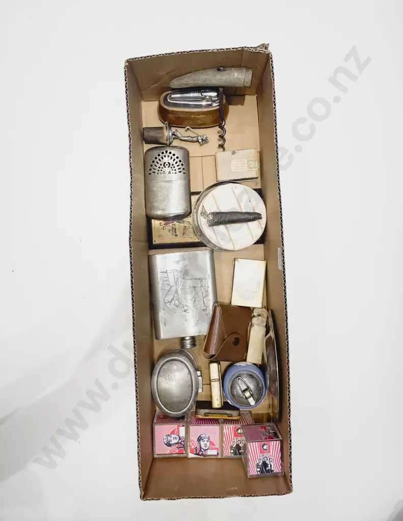 Box of Assorted Including Vintage Lighters & Hip Flasks Etc Image 1++
