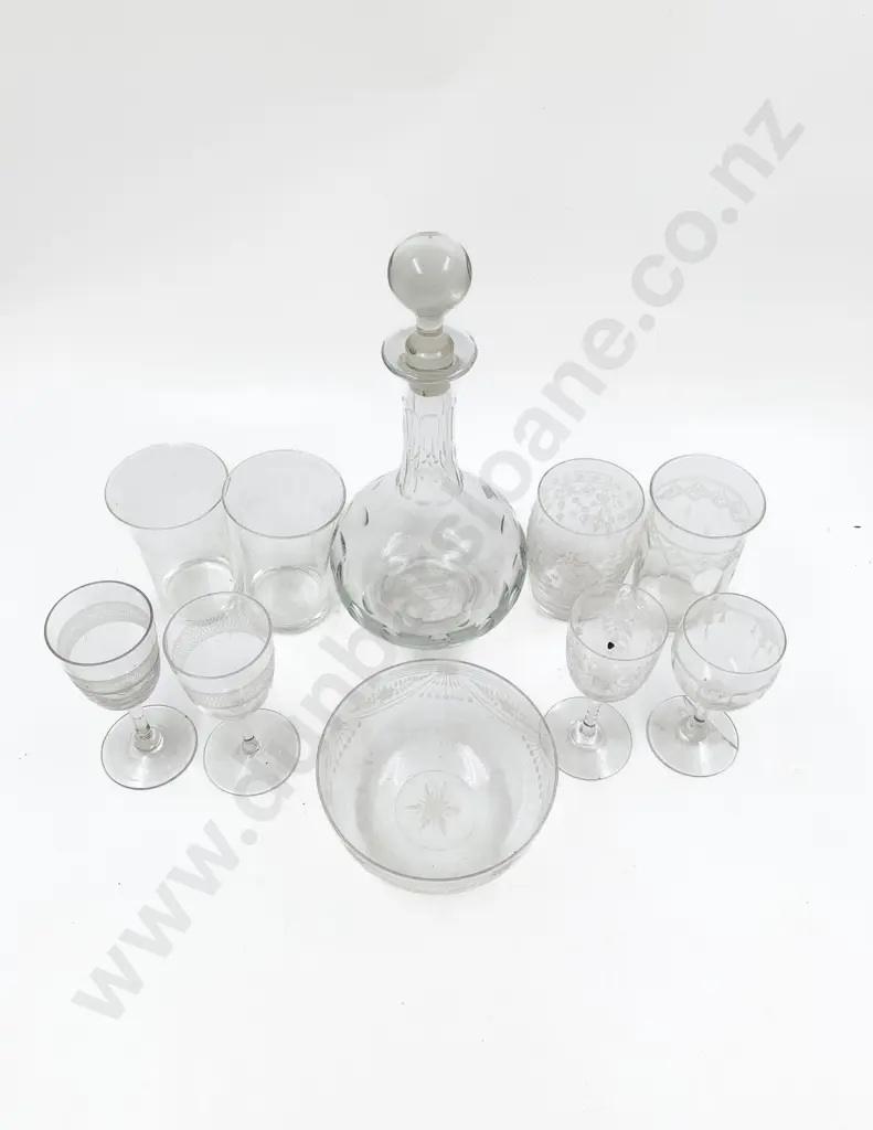Decanter with Assorted Vintage Etched Glassware Image 1++