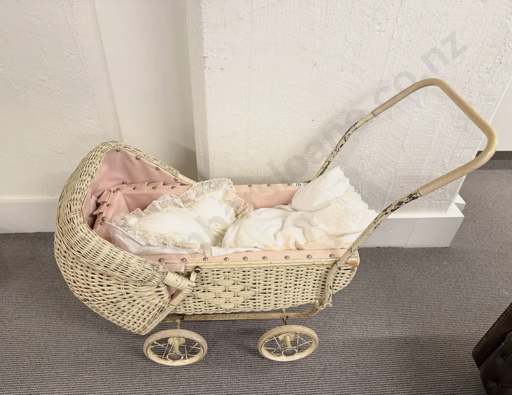 C1930's Painted Woven Cane Dolls Pram Image 1++