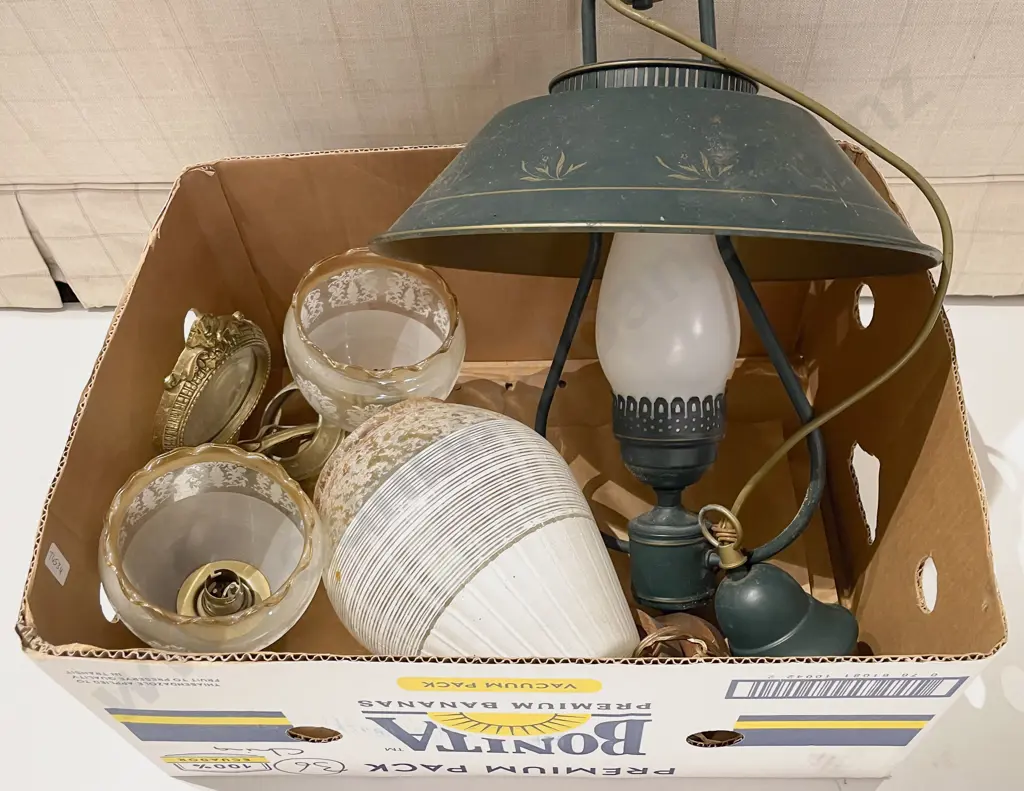 Two Boxes of Assorted Light Fittings and Glass Shades Image 1++