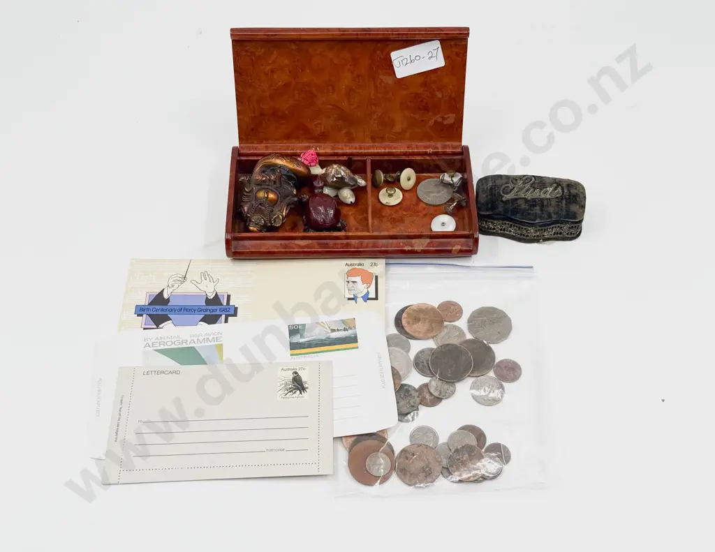 Small Qty Vintage Pocket Change Coinage - Stamps - Studs and Box - Ornaments - Cig Box Image 1++