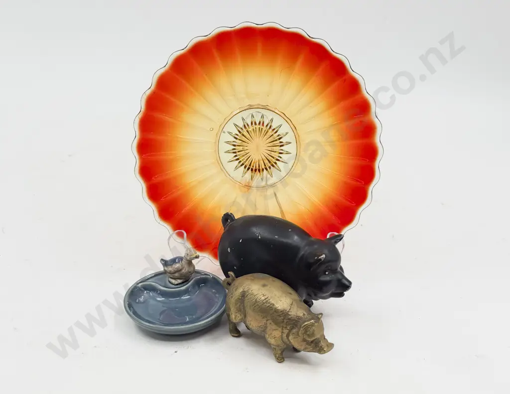 Two Pig Ornaments together with Small Wade Dish on Glass Dish Image 1++