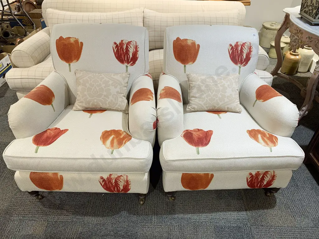 Pair of Floral Upholstered Roll Back Armchairs with Brass Castors Image 1++