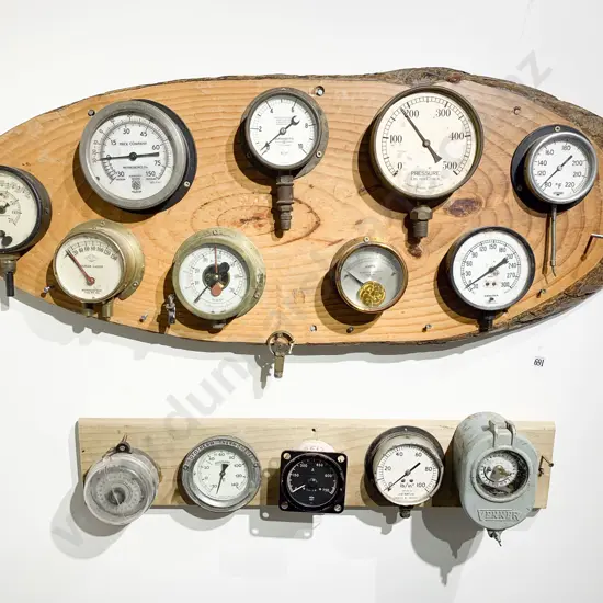 Vintage Gauge Displays on Natural Timber Slab together with Smaller Similar Example