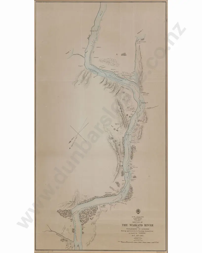 After Charles Heaphy - NZ Sketch of the Waikato River 1863 - Framed Vintage Map Image 1++
