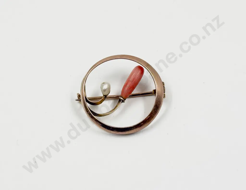 Victorian 9ct Two Stone Coral and Pearl Circular Brooch Image 1++