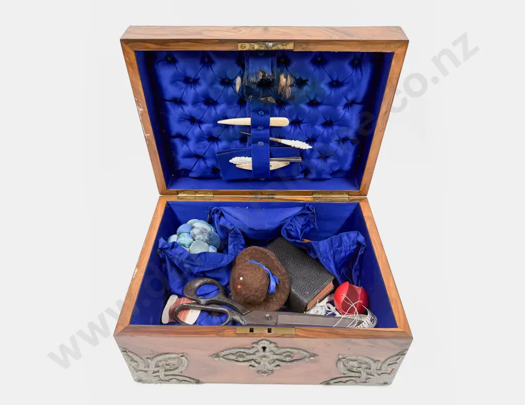 Brass Bound Walnut Sewing Box with Assorted Sewing Accessories Image 1++