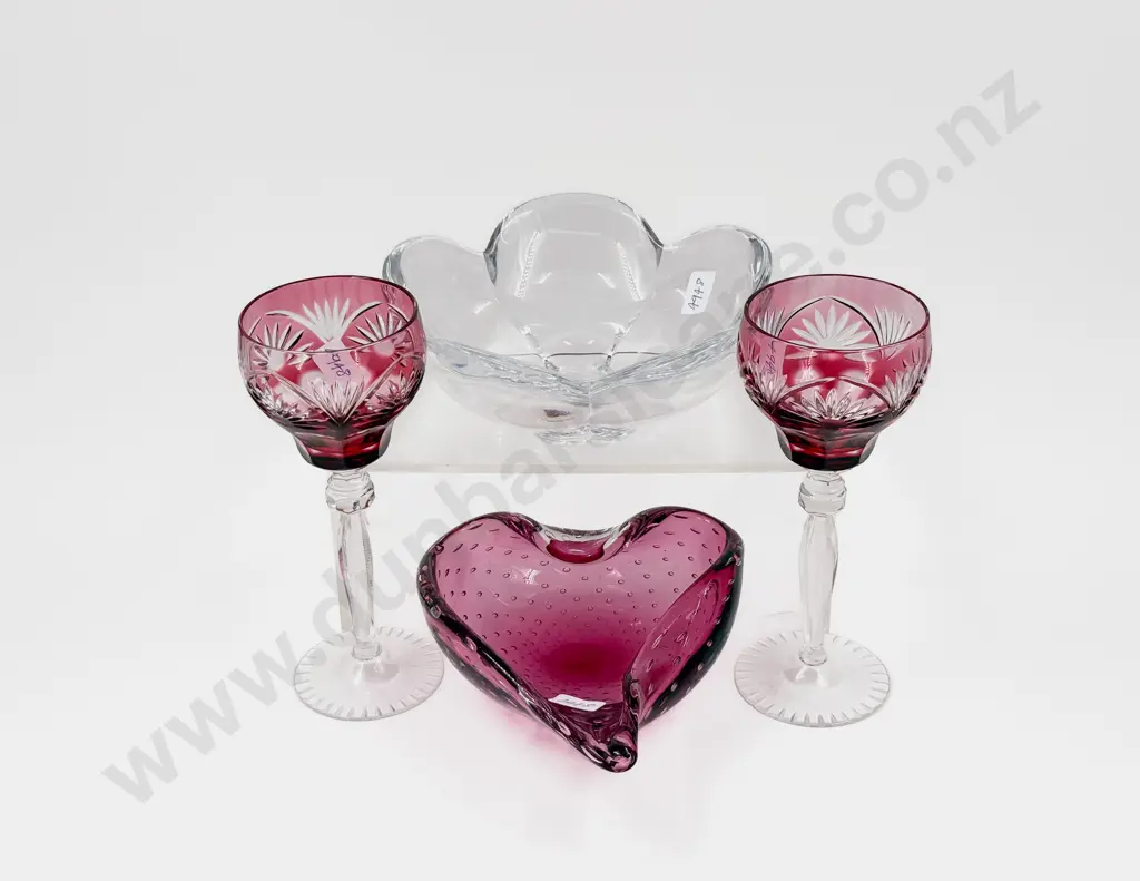 Pair of Anna Hutte Crystal Goblets with Art Glass Dish & Other Image 1++