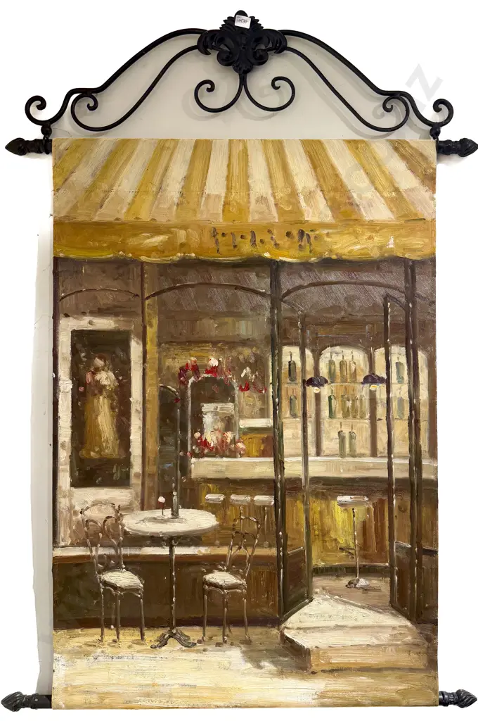 Unsigned Cafe Scene - Oil on Canvas Wrought Metal Wall Hanging Image 1++