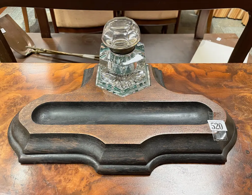 Antique Mahogany Deskstand with Heavy Glass Inkwell Image 1++