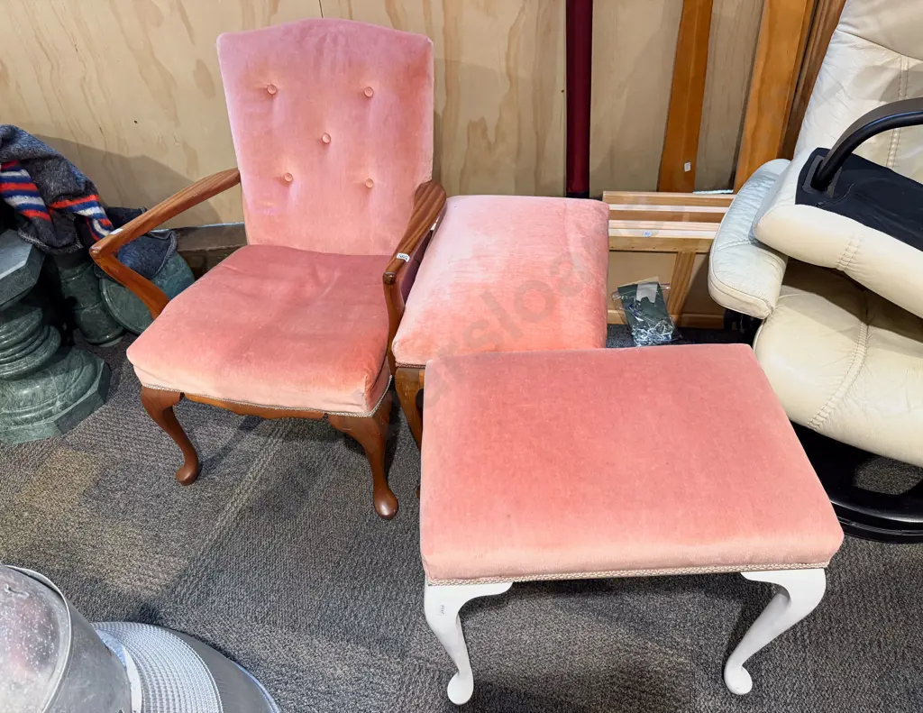 Button Back Bedroom Chair together with Two Cabriole Leg Foot Stools Image 1++